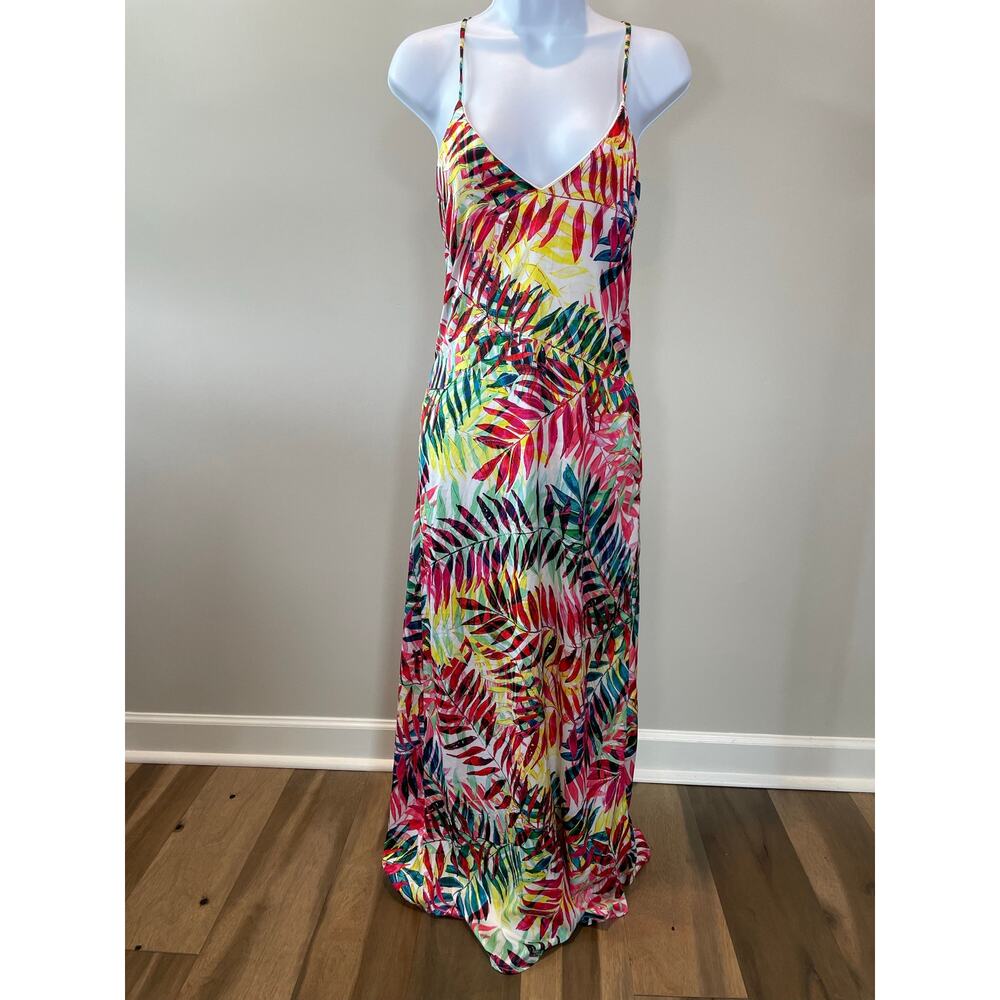 Nicole Miller Colorful Floral Print Satin Maxi Dress Spaghetti Straps (Size S)